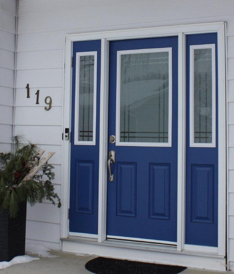blue exterior door with side panels